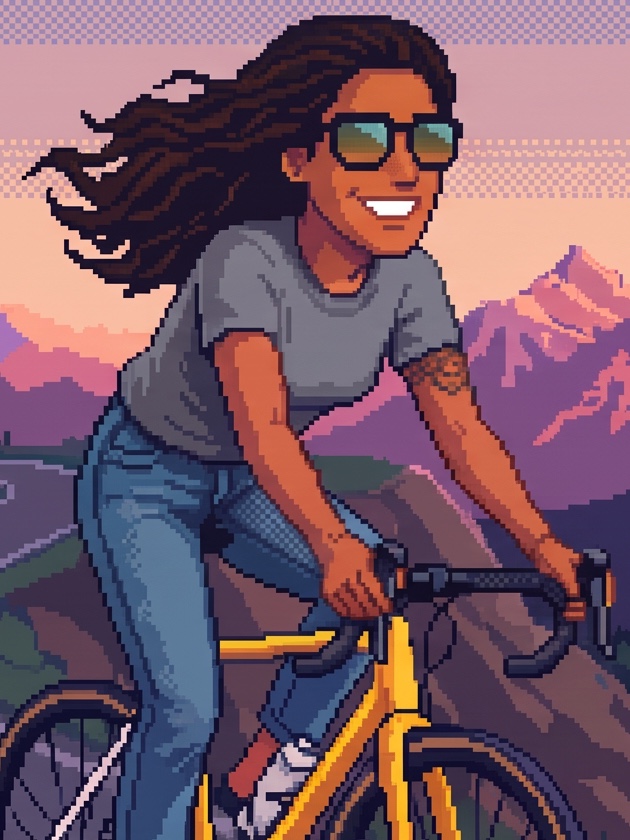 Pixel art portrait of Alice on her bike, grinning in sunglasses
